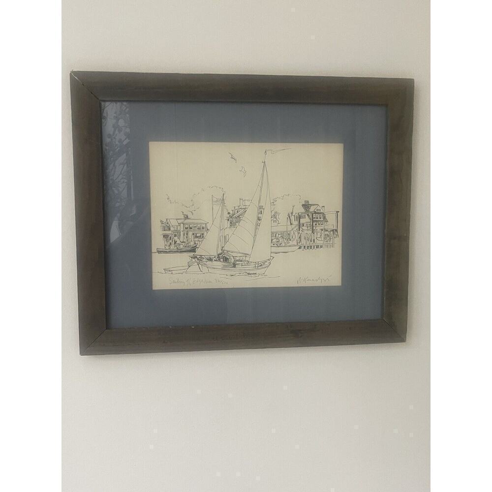 Sailing Off Edgartown NS Kennedy Signed Framed Art Drawing Nautical 85’ 321/500